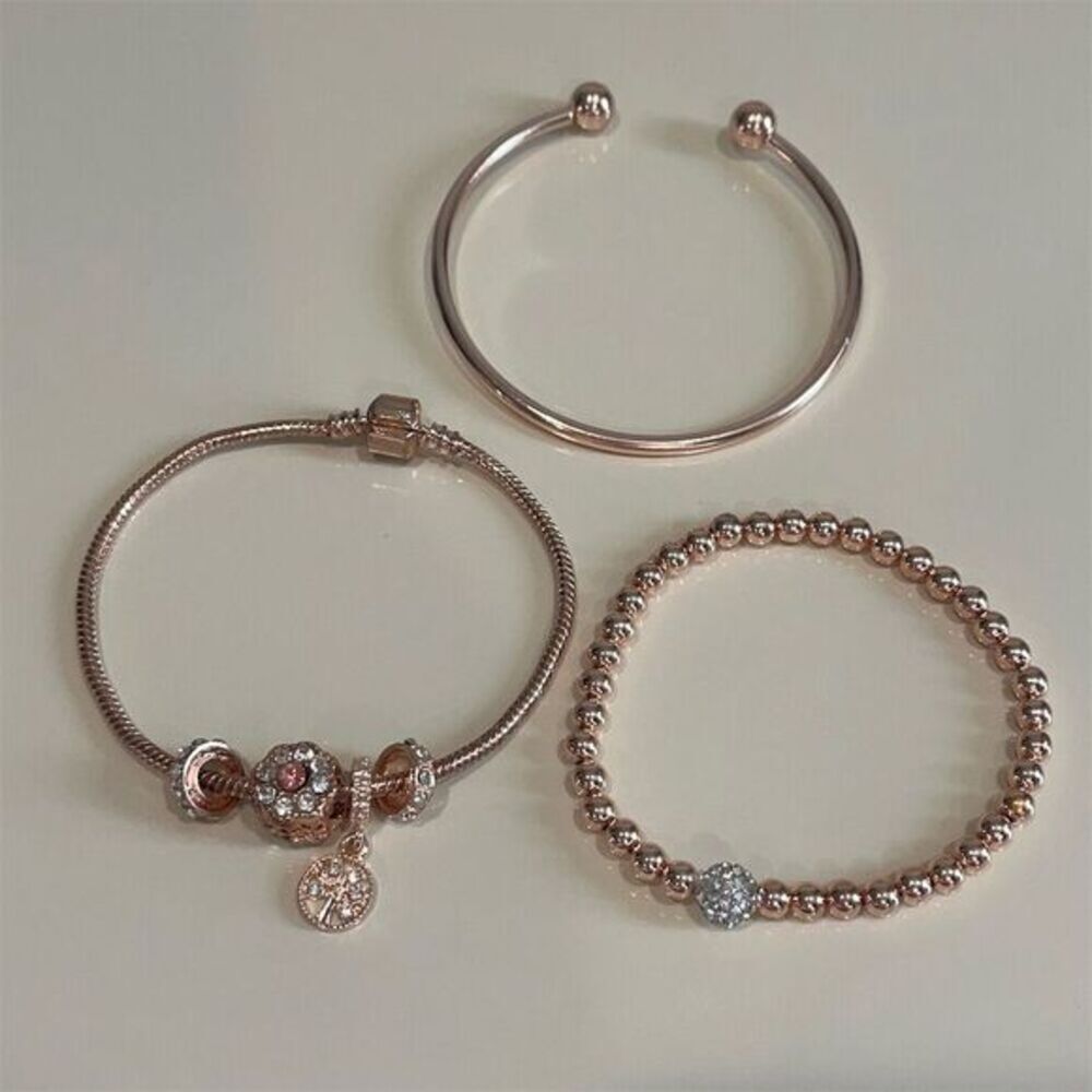 Rose Gold Charm Stretch Bangle Bracelet Set - 3 Piece Collection Adjustable